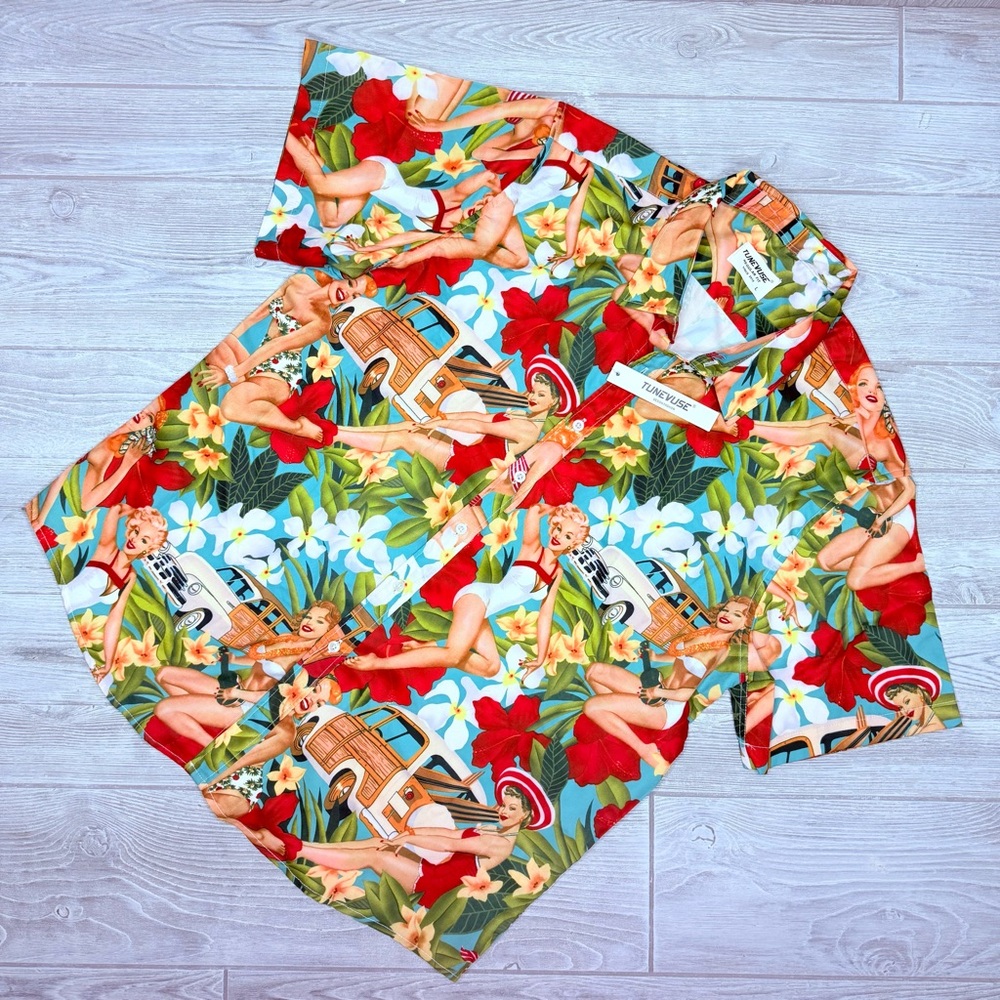 Nwt tunevuse pin up girl Mens tropical Hawaiian Short Sleeve Shirt Casual Button